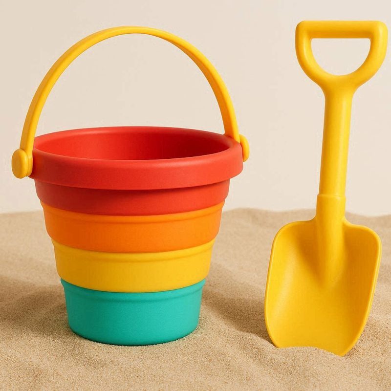 Collapsible Silicone Kids Beach Bucket Colorful Folding Toy Pail With Durable Shovel For Sand Castle Building Fun