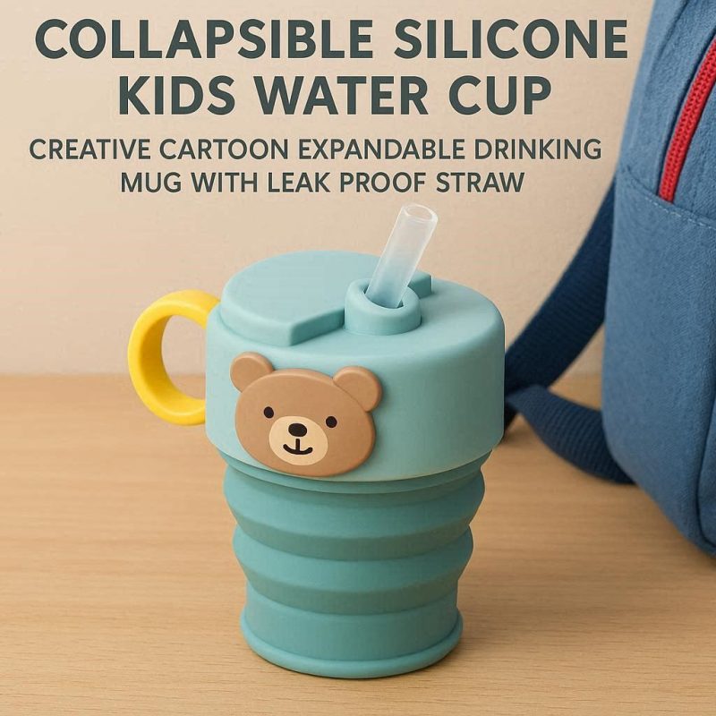 Collapsible Silicone Kids Water Cup Creative Cartoon Expandable Drinking Mug With Leakproof Straw For School Backpack